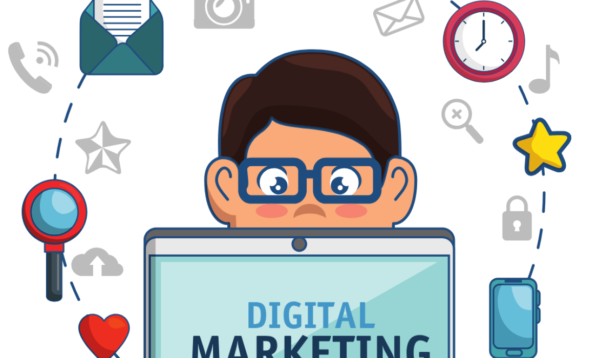 Graphic of male sitting behind laptop that reads " Digital Marketing"