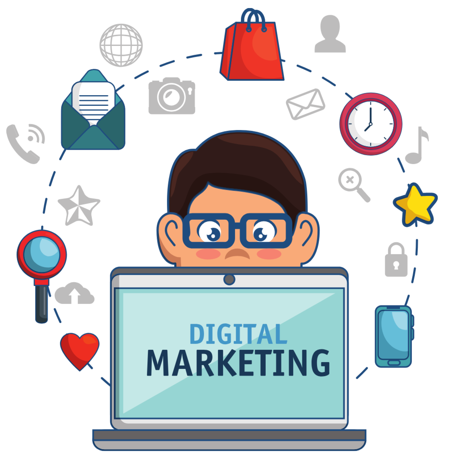 Graphic of male sitting behind laptop that reads " Digital Marketing"