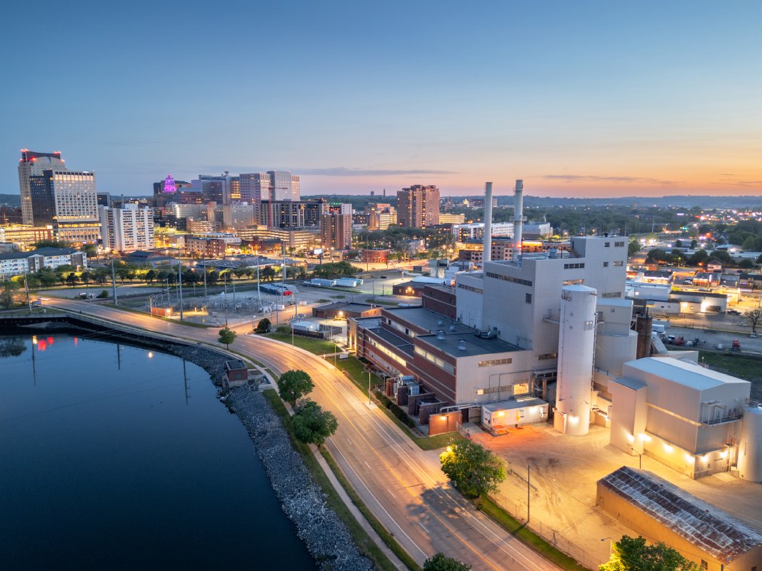 Grand Rapids, Michigan USA cityscape over the at dusk.